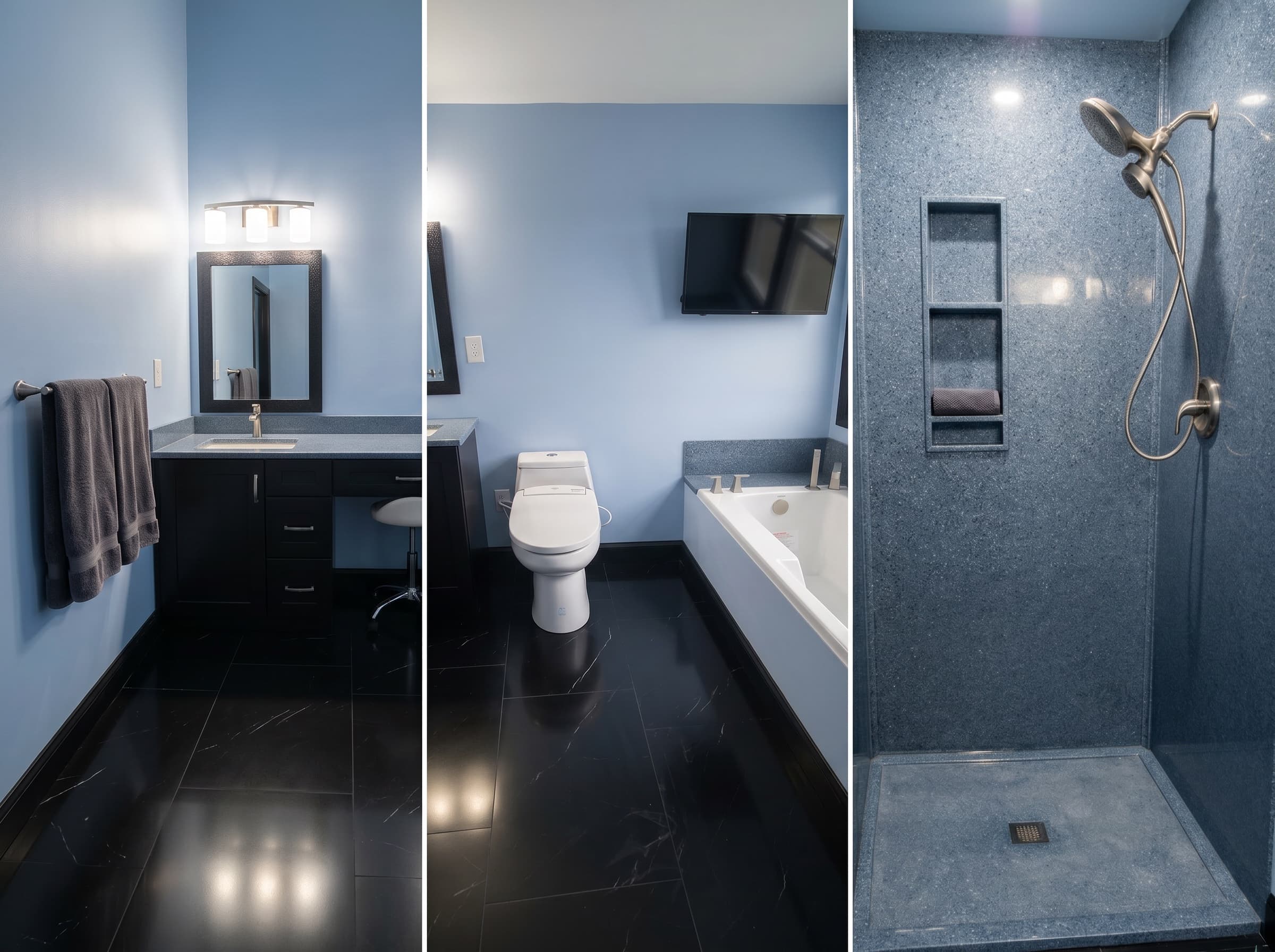 Finished New Hope bathroom with vanity, tub, and blue shower